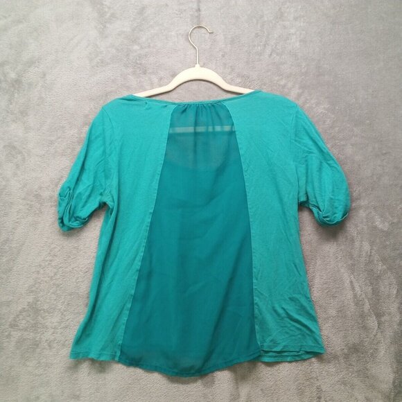 STYLEMINT Top  Size 2 Women Short Sleeve Casual Solid Turquoise Knit Sheer Back - Picture 10 of 13